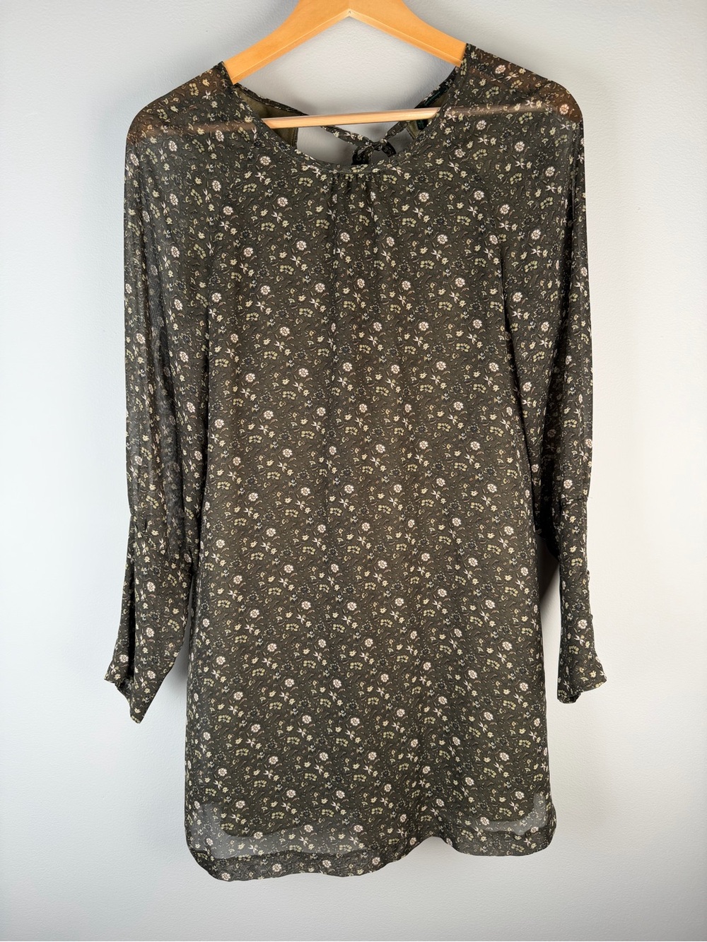 Stile Benetton Olive Green Floral Shift Dress Boho Cottagecore Size XS